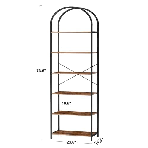 Homhedy 6-Tier Arched Wood & Metal Bookshelf, Tall Standing Display Unit, Rustic Brown