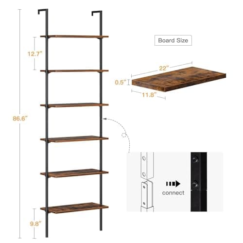 6-Tier Wall Mounted Ladder Shelf with Metal Frame, Rustic Brown