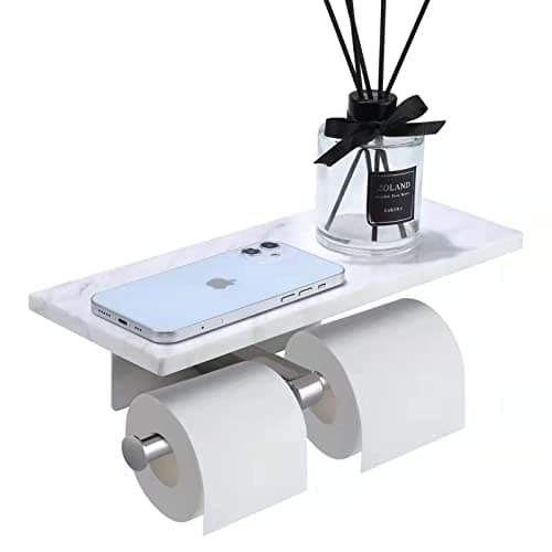 Wall Mounted Toilet Paper Holder with Marble Shelf - Brushed Nickel - Large Size