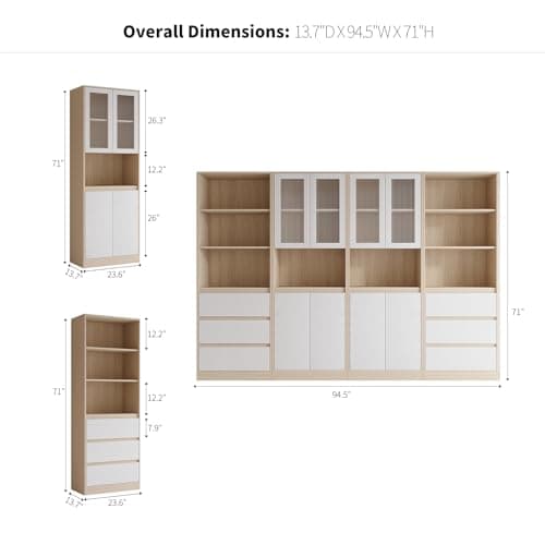 VOWNER 5-Tier Modern Bookshelf with 3 Drawers and Glass Display