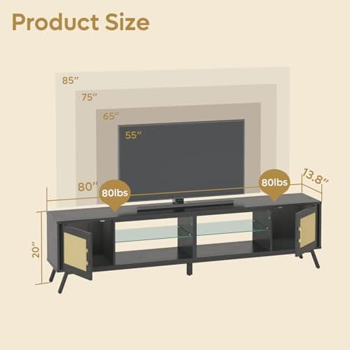 Bestier 80 Black Rattan TV Stand for 85 TV with Storage and LED Lights