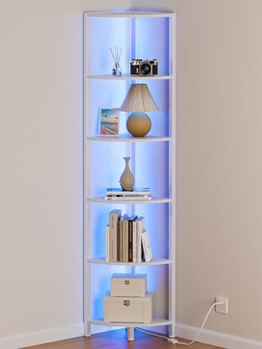 Furnulem 6 Tier LED Light Standing Shelf, 67.5” Tall, Black Narrow Bookshelf with Storage