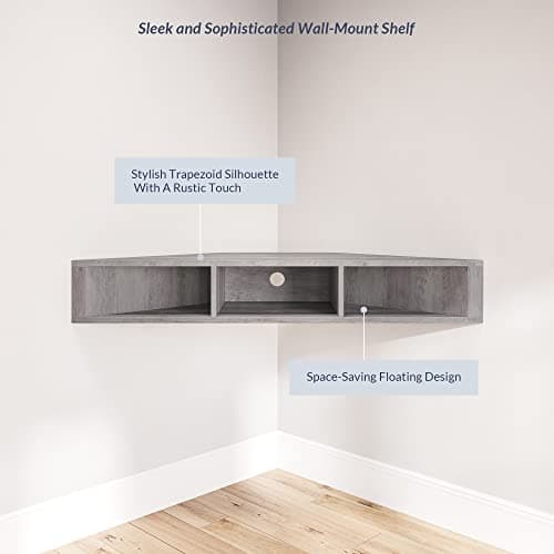 BELLEZE Gray Wash Russel 47 Inch Modern Corner Shelf - TV Console with 3 Shelves & Cable Cutout