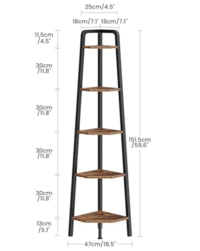 5-Tier Ladder Corner Shelf, 59.6" Tall, Rustic Brown and Black TCJ20BF