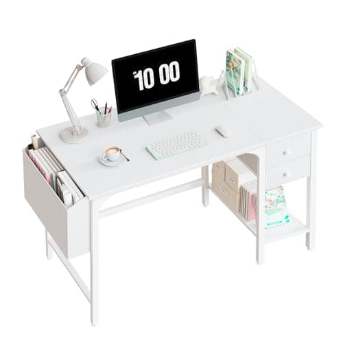 White Small Desk with Drawers - 40 Inch Computer Desk for Small Home Office