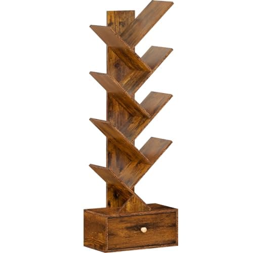 Natural 8-Tier Standing Wood Bookshelf with Drawer for Narrow Spaces