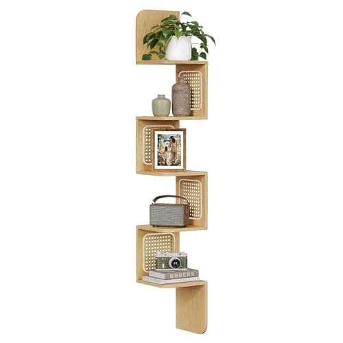 Boho Style 5-Tier Corner Shelf with Rattan Sides for Kitchen, Living Room, Bedroom