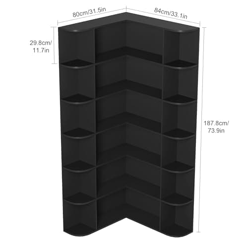 Fotosok 74" L-Shaped Tall Corner Bookshelf, 6-Tier Black Wood Storage