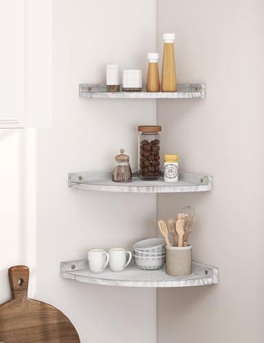 Rustic Distressed White Corner Shelves for Living Room & Kitchen