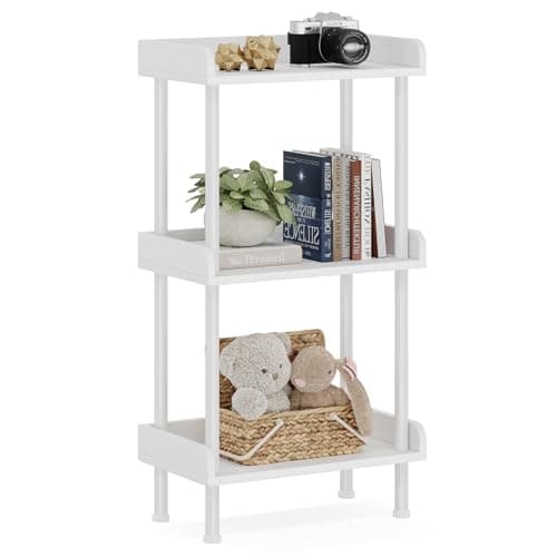 Small 3-Tier Wood Bookcase with Metal Edge Protection - White Industrial Bookshelf for Living Room Bedroom Home Office
