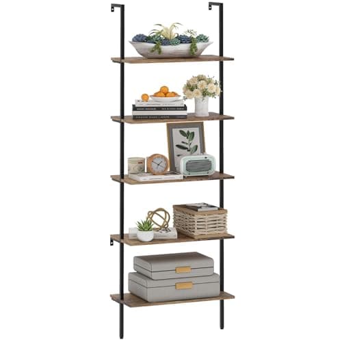 Industrial Brown 4-Tier Metal Bookshelf with Wall Mount Storage Rack