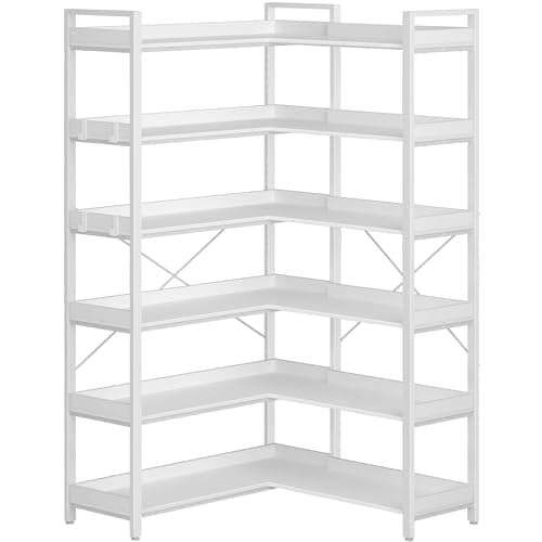 Rolanstar 5-Tier Industrial Wooden Bookshelf with Hooks, White
