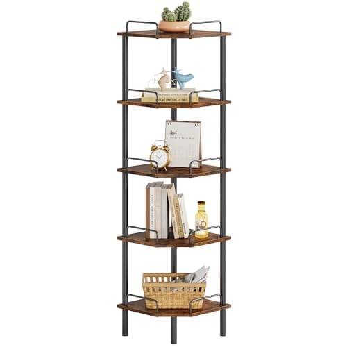 Tajsoon 5-Tier Industrial Corner Shelf, Rustic Brown, Multi-Purpose Stand