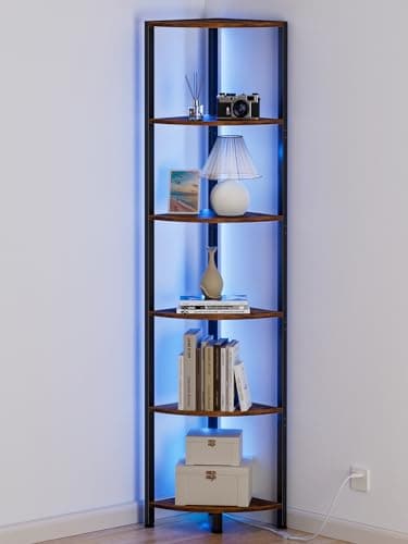 Furnulem 6 Tier LED Light Standing Shelf, 67.5” Tall, Black Narrow Bookshelf with Storage
