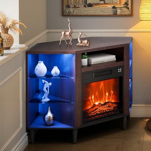 VEVOR Electric Fireplace TV Stand, Corner TV Stand for 50" TVs, Vintage Design, 20 LED Lights, Remote & Timer