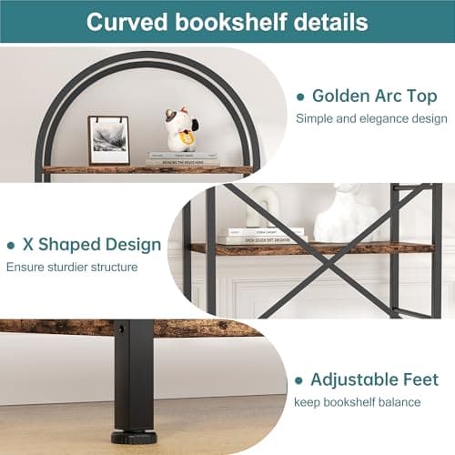 Shintenchi Arched 5-Tier Bookshelf, Tall Rustic Brown for Home Office or Bedroom