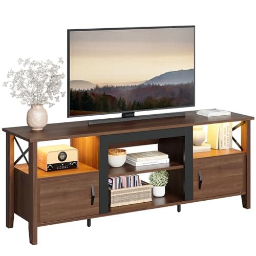 Bestier 63" Grey Wash Farmhouse TV Stand with LED Lights and Storage