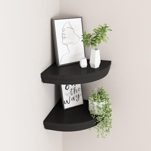 WELLAND Modern Corner Shelves, Black, for Bedroom & Office Décor