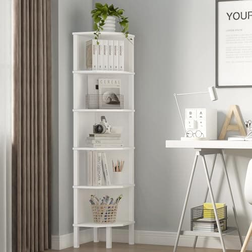 Wooden Corner Shelf for Small Spaces - White (6 Tier)