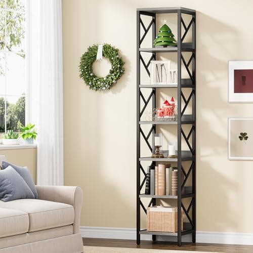 Extra Tall Narrow 78.7 Inch Bookshelf, 7 Tier Gray Brown Storage Organizer for Home Office