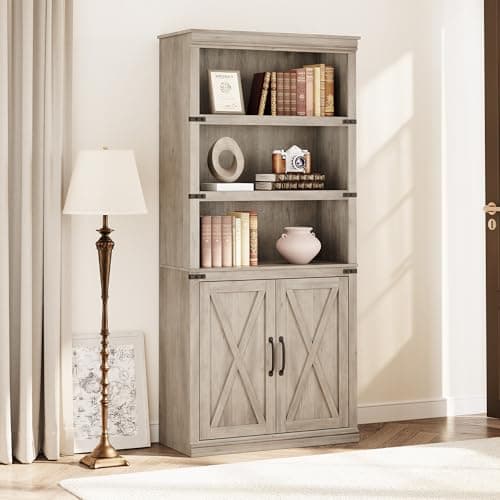 GAOMON 5 Tier Farmhouse Bookcase with Doors, 70 inch Tall Storage Cabinet