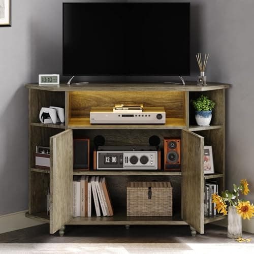 4 EVER WINNER 55-Inch Corner TV Stand with LED Lights and Adjustable Shelves, Farmhouse Style with Barn Doors, White