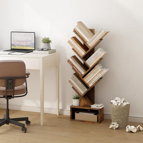Hectieon 6 Tier Tall Bookcase with Drawer, Rustic Brown