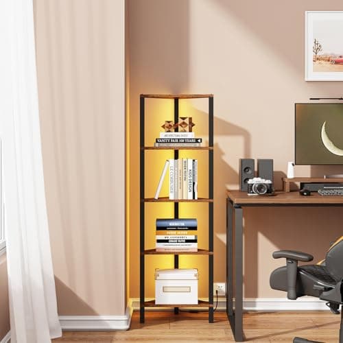 TUTOTAK Rustic Brown 5-Tier LED Corner Shelf for Small Spaces