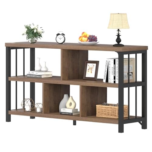 IBF Farmhouse 63" Long Wood Metal Bookshelf with 5 Cube Storage for Home Office and Living Room, Rustic Brown