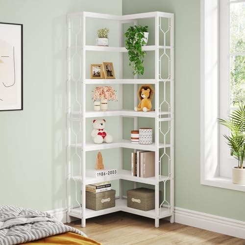 Tribesigns 7-Tier Industrial White Wood & Metal Corner Bookshelf
