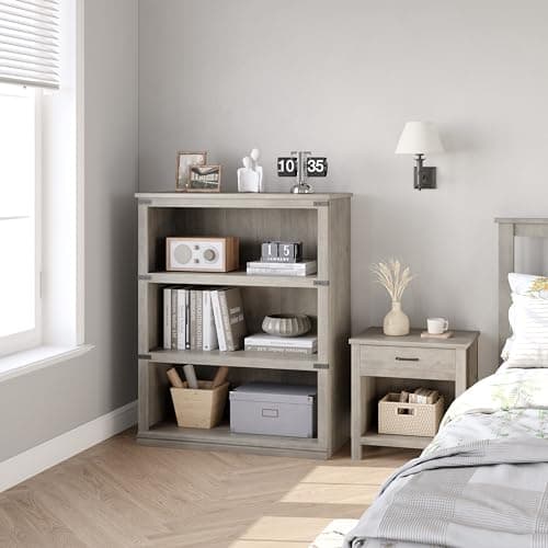 IDEALHOUSE 3-Tier Grey Farmhouse Bookcase with Storage for Home Office