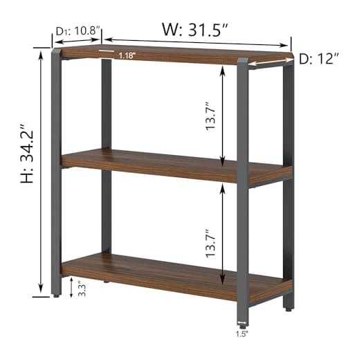 FOLUBAN 3-Tier Industrial Metal & Wood Bookshelf, Rustic Walnut, for Living Room and Bedroom