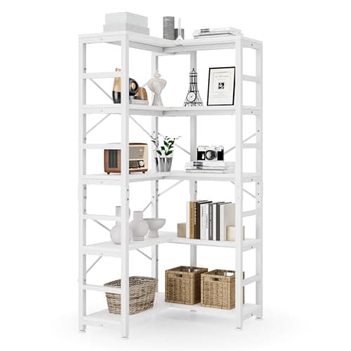 NUMENN 5 Tier Corner Bookshelf, Modern Tall Storage Display for Home Office, Living Room & Bedroom