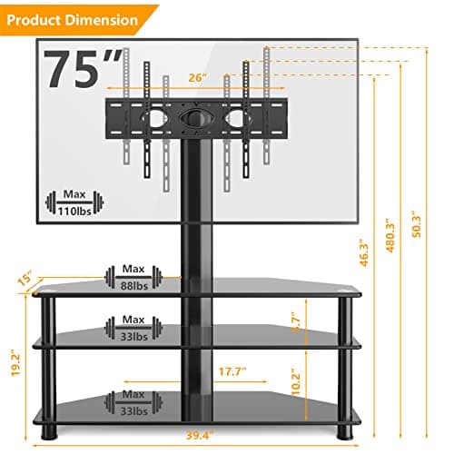 5Rcom Corner TV Stand with Mount, 3 Tier Tempered Glass Shelves, 32-75 Inch TVs, Max VESA 600X400mm