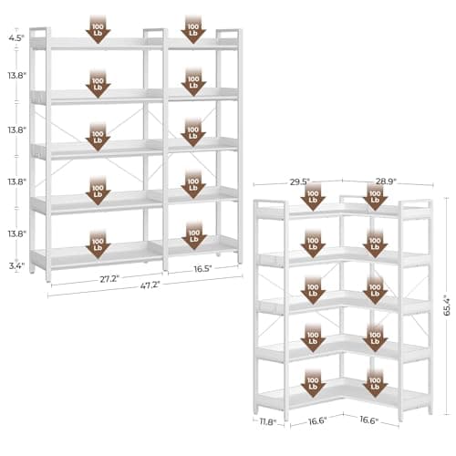 Rolanstar 5-Tier Industrial Wooden Bookshelf with Hooks, White