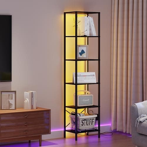 6-Tier Tall Narrow Bookshelf with LED Lights, Black Steel Frame