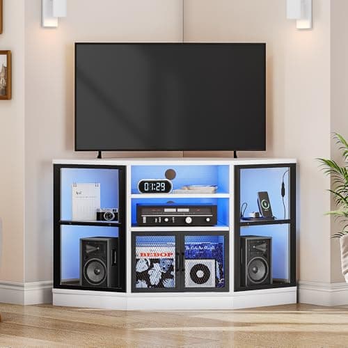 YITAHOME 47-Inch Modern Corner TV Stand with Storage and LED Light for Living Room or Bedroom, White