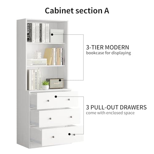 TUSY 71" 3-Tier Modern Bookshelf with 3 Drawers & 5-Tier Shelves, Wood & Glass Doors Home Office