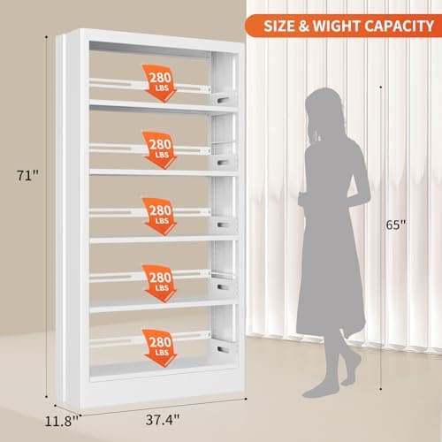 71" Tall Metal White Bookshelf with Adjustable Shelves, 5-Tier Heavy Duty, Modern Library & Living Room Book Case