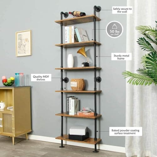 ZIOTHUM 23.6x9.8x78.7" Rustic Wood & Wrought Iron 6-Tier Shelf Loft Storage Bookcase