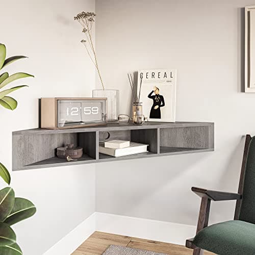 BELLEZE Gray Wash Russel 47 Inch Modern Corner Shelf - TV Console with 3 Shelves & Cable Cutout