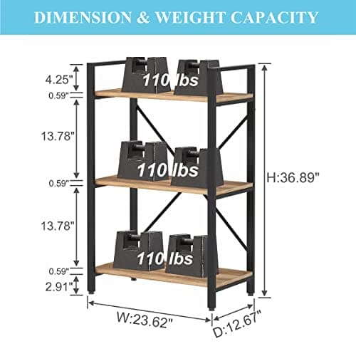 BON AUGURE Vintage Oak 3 Tier Bookshelf for Small Spaces