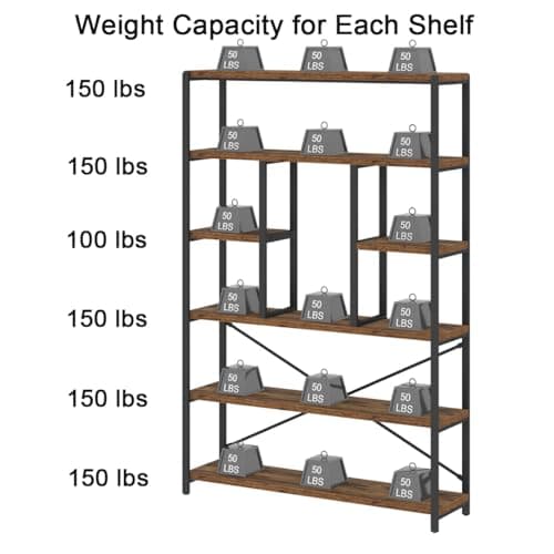 Vintage Brown Metal Wood 6 Tier Bookshelf for Living Room and Bedroom