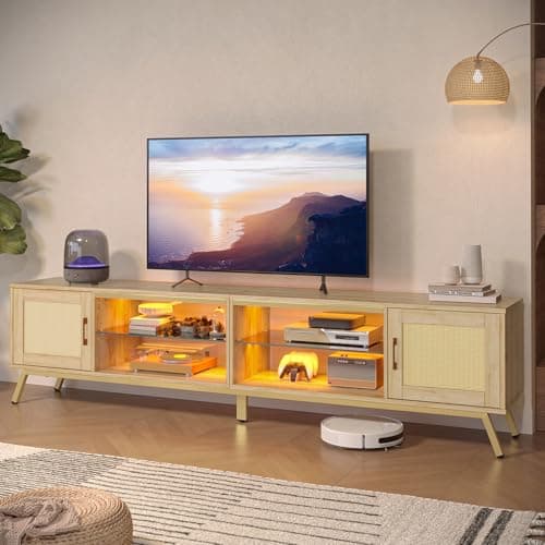 Bestier 80 Black Rattan TV Stand for 85 TV with Storage and LED Lights