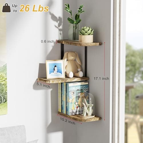 Love-KANKEI Carbonized Black 3-Tier Rustic Wood Wall Mount Shelf for Bedroom and More