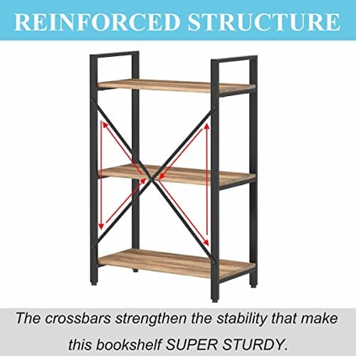BON AUGURE Vintage Oak 3 Tier Bookshelf for Small Spaces
