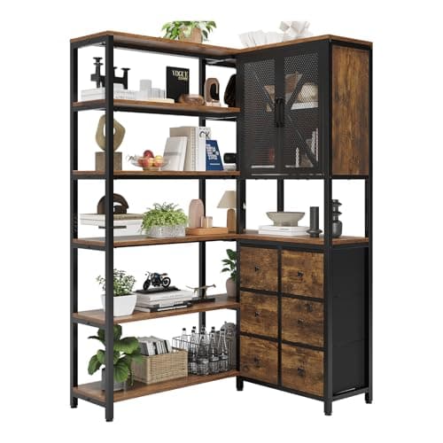 Industrial 6 Tier Bookshelf with Fabric Drawers - Large Corner L-Shaped Shelf - Rustic Brown