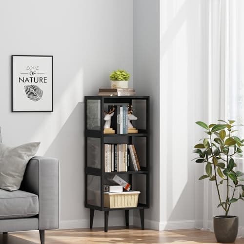 TUTOTAK 3-Tier Black Bookshelf, Storage Organizer for Home Office and Living Room