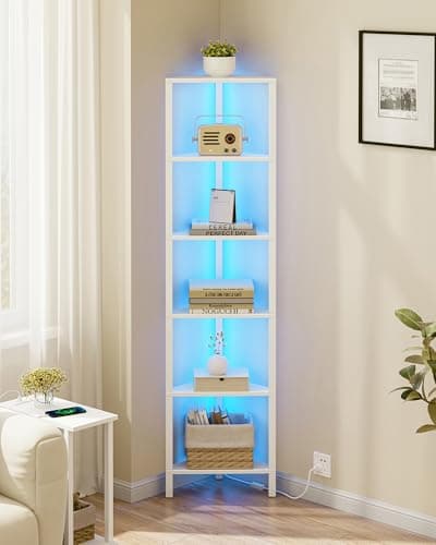 TUTOTAK Rustic Brown 5-Tier LED Corner Shelf for Small Spaces
