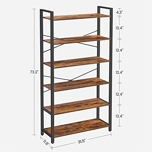 VASAGLE Industrial Style 6-Tier Bookshelf, Rustic Brown & Ink Black, 11.8x31.5x73.2 Inches